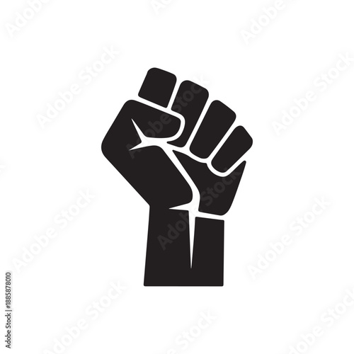 A powerful black fist raised in protest or solidarity on a white background