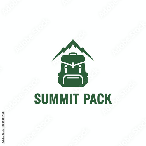 Mountain peak icon with hiking backpack silhouette for outdoor adventure or camping gear store branding, featuring the text "SUMMIT PACK"