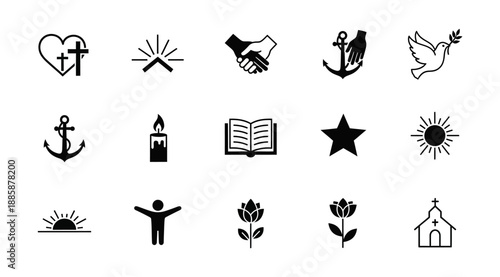 Clean vector icon set for spiritual and religious themes, featuring Christian symbols of faith, hope, and love like the cross, dove, and anchor, perfect for diverse design applications