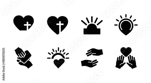 Set of eight diverse icons representing love, faith, hope, and compassion through symbolic imagery