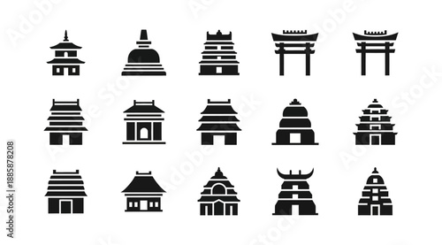 Collection of stylized Asian architectural icons representing traditional temples, pagodas, and gates