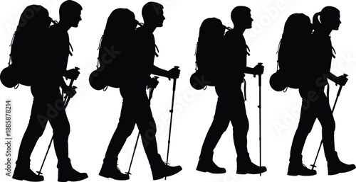 Silhouette of four hikers with backpacks and trekking poles walking in a line, outdoor adventure, backpacking expedition, teamwork and exploration