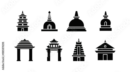 Diverse Asian Religious Architecture Silhouettes Vector Collection Illustrating Traditional Temples, Pagodas, and Stupas for Cultural and Spiritual Design Projects