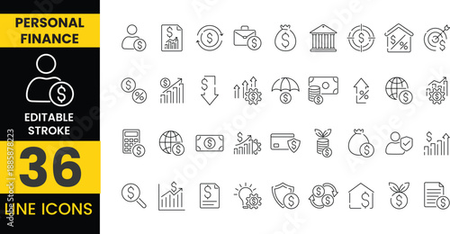 Personal Finance Line Icon Set - Budget, Savings, and Expense Vector Symbols