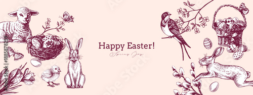 Vintage Easter hand drawn frame. Spring greeting cards and invitation design. Retro sketch vector illustration.
