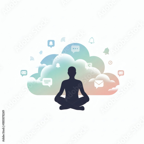 Digital Detox and Meditation: A silhouette of a person meditating peacefully against a backdrop of ethereal clouds filled with notification icons.