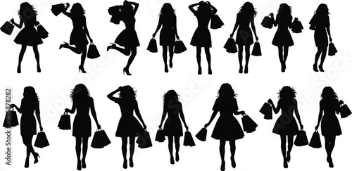 black silhouettes of fashionable women carrying shopping bags in dresses and high heels, diverse shopping poses for retail and fashion design