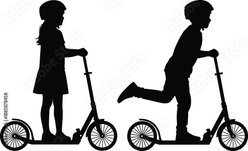 Silhouette of two children riding scooters with helmets in urban park, capturing motion versus stillness, safe outdoor play and childhood friendship