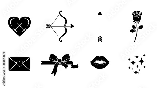 Collection of festive romantic silhouette icons symbolizing affection and special moments