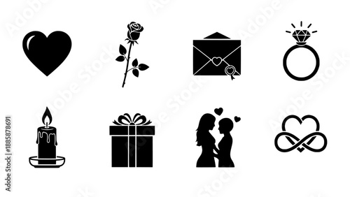 Stylized romantic vector icon set showcasing love, affection, and celebration for heartfelt designs