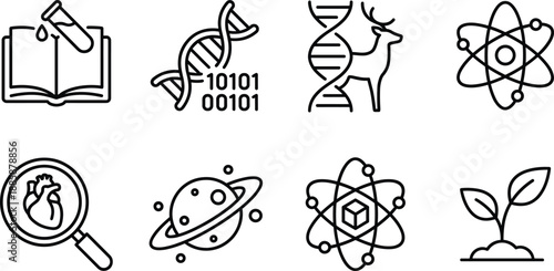 Science education icon set featuring biology DNA, chemistry book, physics atom, astronomy planet, and medical heart search in modern black outline vector style.