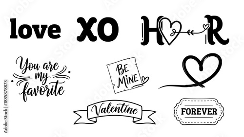 Delightful collection of romantic typography and decorative heart motifs, perfect for expressing affection