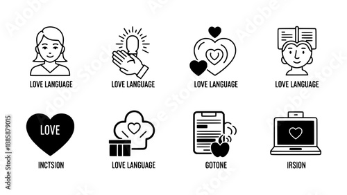 Modern love language symbols collection illustrating varied expressions of affection, service, and connection