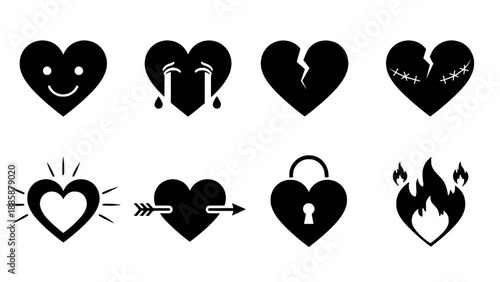 Collection of Heart Icons Symbolizing Love, Emotion, and Painful Heartbreak
