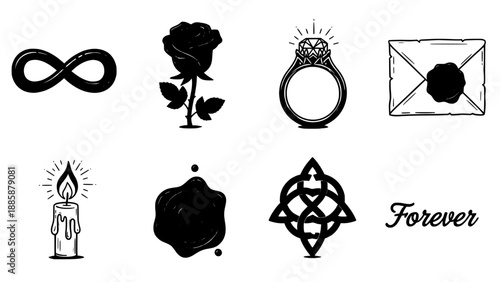 Collection of Symbols Infinity, Rose, Ring, Envelope, Candle, Blob, Knot, and Forever text