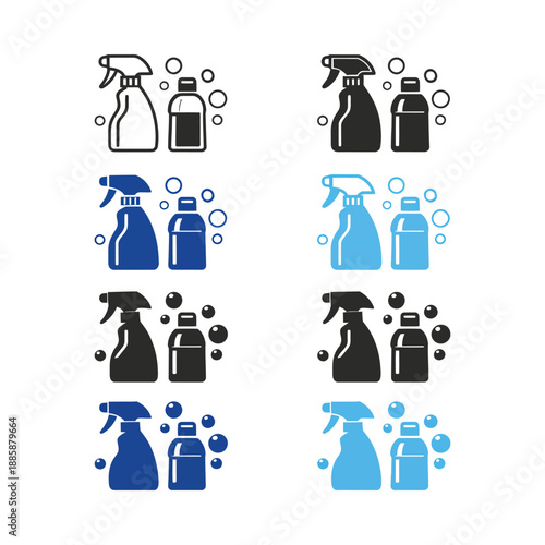 Stylized cleaning product icons set featuring spray bottles and detergent containers with bubbles for household cleaning and hygiene