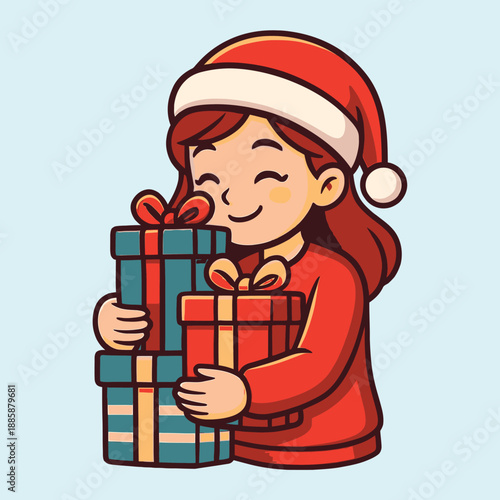A cheerful cartoon girl in a Santa hat hugs colorful gifts with a joyful expression on a light blue background, showcasing a flat vector illustration design with logos and graphic elements.