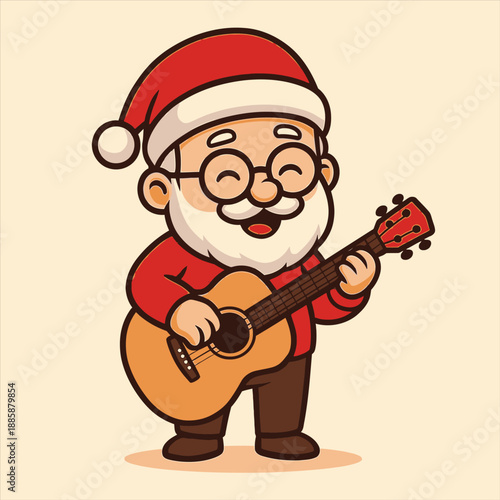 A cheerful cartoon Santa Claus wearing glasses and a red Santa hat plays an acoustic guitar with a joyful expression on a clean white background, in a flat vector illustration design.