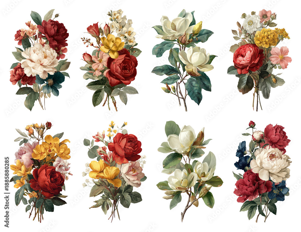 Fototapeta premium PNG Vintage floral bouquet illustrations, element set on transparent background