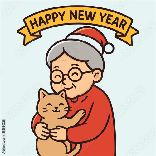 A cheerful elderly woman wearing a Santa hat hugs an orange cat under a Happy New Year banner in a flat vector illustration with a joyful mood and bright colors against a clean white