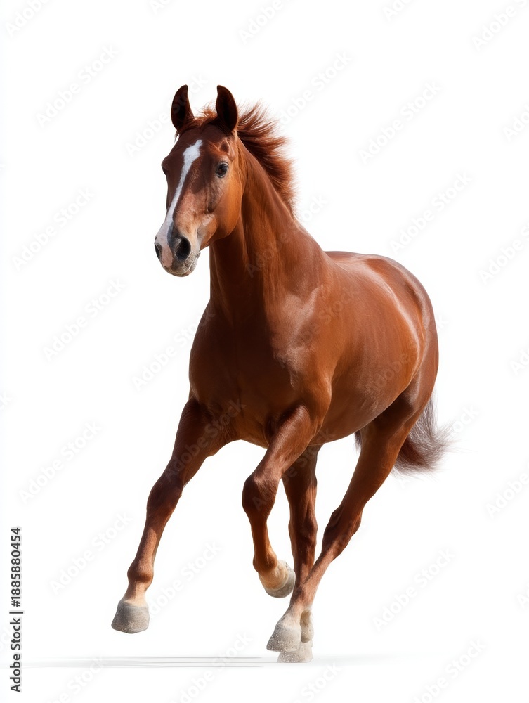 Fototapeta premium A beautiful brown horse runs gracefully across a bright background. This stunning image captures the elegance of the animal in motion, showcasing its strength and spirit. 