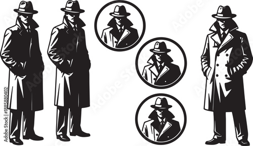 Black and white of men in trench coats and hats standing with arms crossed and circular portraits also transparent background