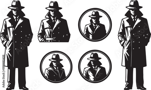 Black and white of men in trench coats and hats standing with arms crossed and circular portraits also transparent background 1