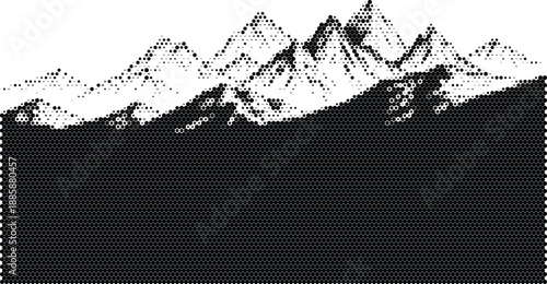 Halftone vector mountain landscape silhouette for outdoor adventure and nature travel designs