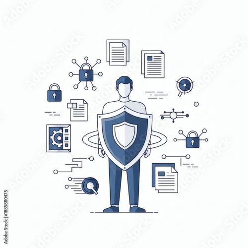 Digital Fortress: A stalwart figure stands firm, a shield of security protecting sensitive data and digital assets, symbolizing the integrity of a modern, interconnected world.