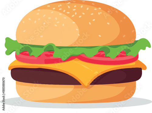 Flat vector illustration of a classic cheeseburger with sesame bun, lettuce, tomato, melted cheese, and beef patty, clean white background created with generative ai