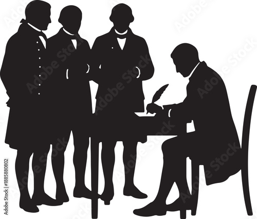 Four men in historical clothing signing a document at a table also transparent background