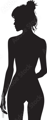 Confident woman silhouette standing in a powerful pose with one hand on hip and hair tied up