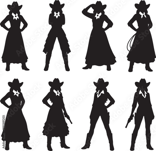 Silhouettes of Women in Cowboy Hats and Long Dresses in Various Poses also transparent background