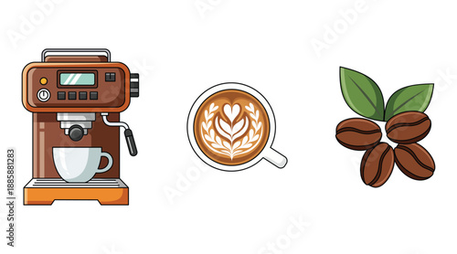 A colorful illustration of coffee maker with coffee cup and beans