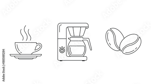 Line drawing of coffee cup, coffee maker, and coffee beans