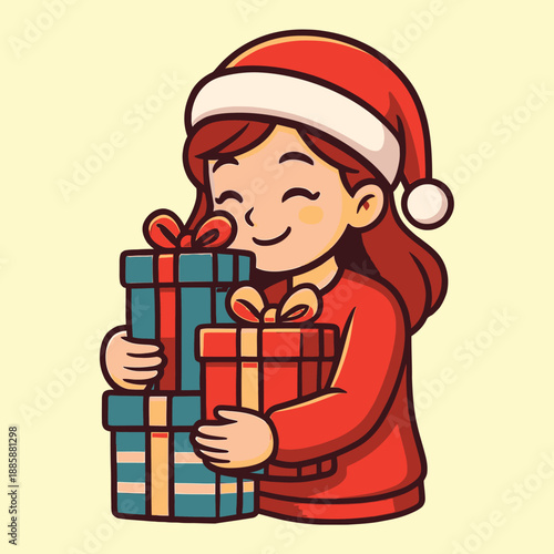 A cheerful cartoon girl in a Santa hat hugs colorful presents against a pale yellow background with a joyful mood in a flat vector illustration design.