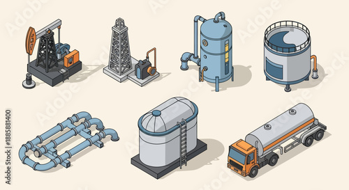 Oil Refinery Equipment and Tanker Truck Illustration.