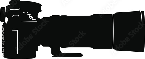 Black Silhouette of a Professional DSLR Camera With a Large Telephoto Zoom Lens Isolated on White Background for Photography Equipment Design