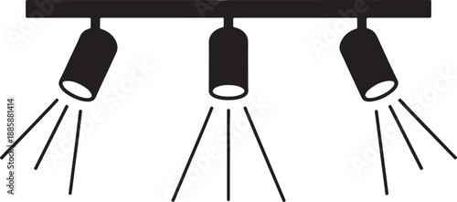 Three black cylindrical spotlights mounted on a horizontal bar emitting light beams also transparent background