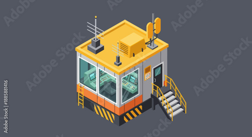 Isometric Control Tower with Yellow Roof and Stairs.