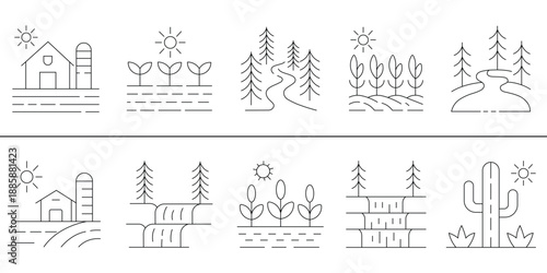 Minimal Line Art Landscape Icons Set in Outline Style.