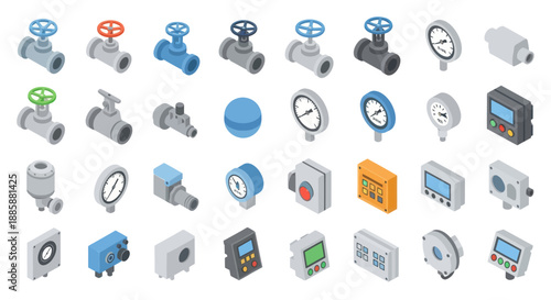 Collection of Various Industrial Valves and Controls.