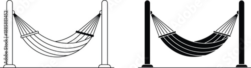 Hammock silhouette illustration between posts, outdoor relaxation and leisure symbol, camping backyard rest concept, black and white vector design
