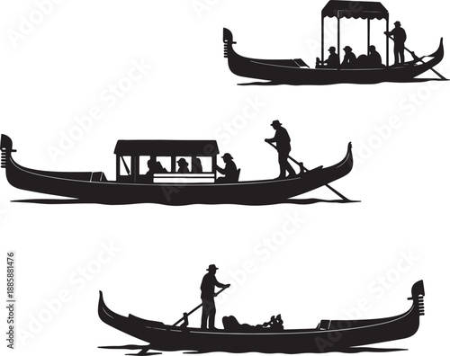 Three black silhouette gondolas with passengers and gondoliers on water also transparent background boat
