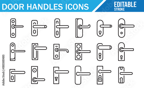 Collection of thin line door lever handle icons with editable stroke.