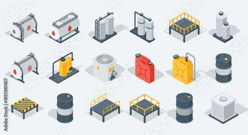 Industrial Equipment Icons Set in Isometric View.