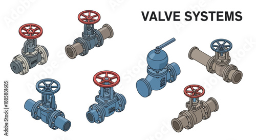 Assorted Industrial Valves with Red Handles.