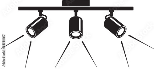 Three black spotlights attached to a horizontal bar emitting light beams also transparent background