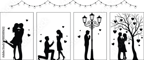 Romantic couple silhouette collection with proposal, kissing and love scenes, Valentine celebration concept, black and white vector illustration set