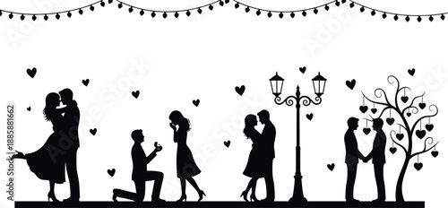 Romantic love couple silhouettes with proposal, kissing and holding hands, city skyline background, Valentine celebration scene, black and white vector illustration
